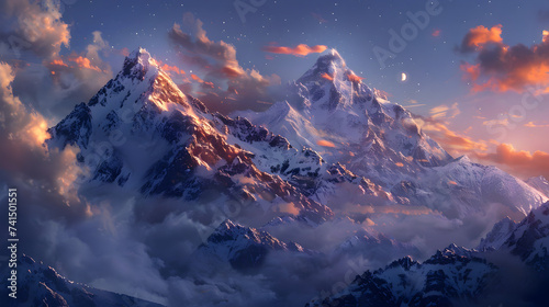 Panorama of snowcapped mountain peaks in the clouds, Sunset in the winter mountains wallpapers mountain landscape background 