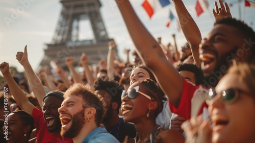 A diverse crowd of spectators cheering with Parisian landmarks in soft focus behind them, capturing the excitement and unity of the games photo
