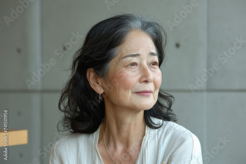 Beautiful confident older senior Asian woman of old age posing for portrait. Mature adult lady model from Asia looking at camera smiling on background advertising anti age skin care. Close up face .