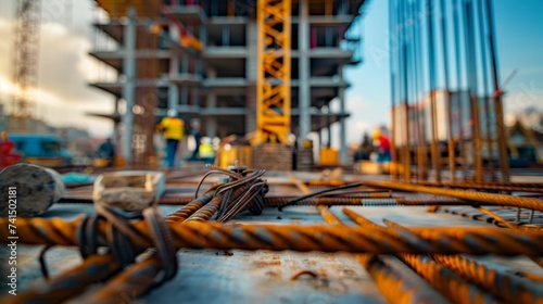 Rebar and Construction in Progress at Sunset
