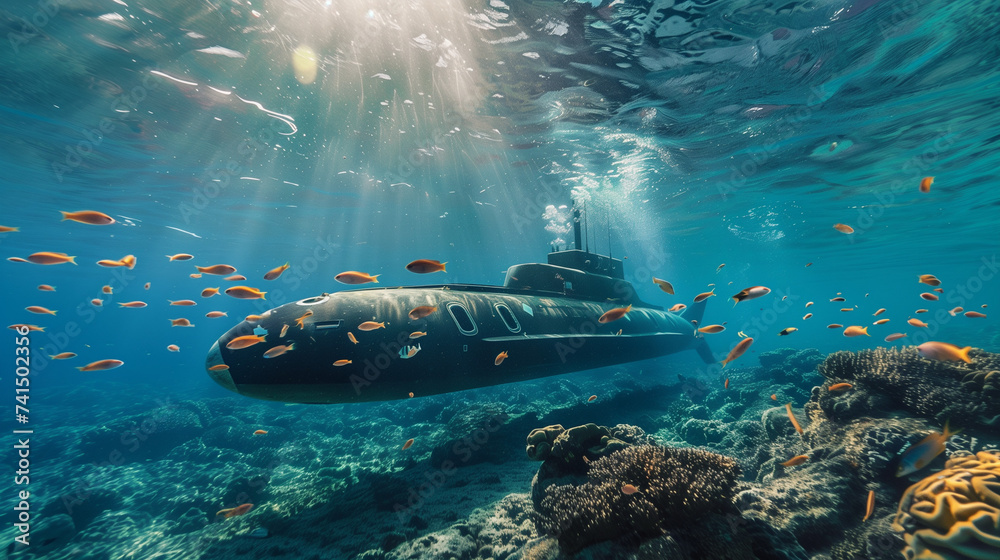 submarine in the sea,fish and coral submarine in the sea,fish and coral