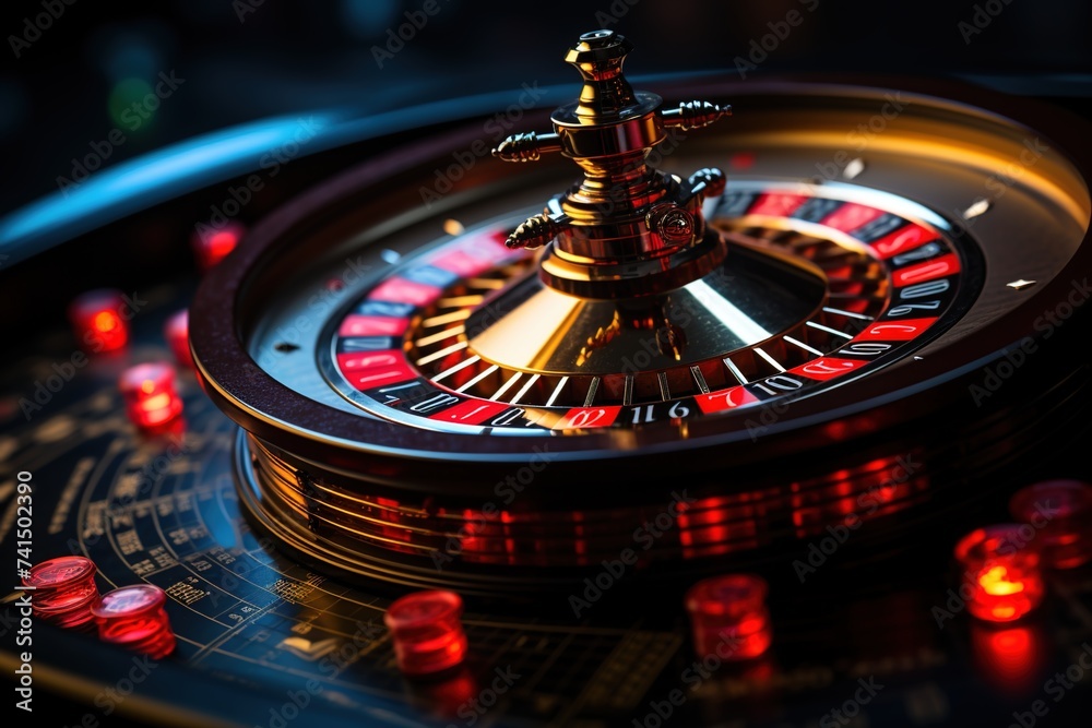 In the mysterious allure of a dark background, a beautifully crafted roulette wheel takes center stage, offering an elegant space for your logo or name to be featured In the mysterious allure of a dark background, a beautifully crafted roulette wheel takes center stage, offering an elegant space for your logo or name to be featured