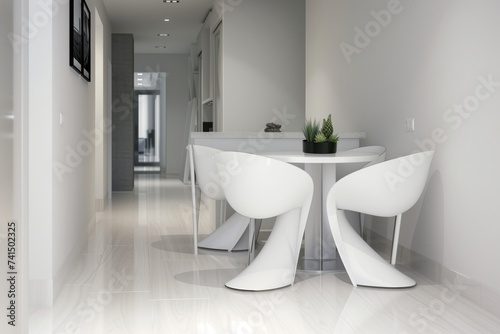 modern white chairs and table in a clean  minimalist hall space