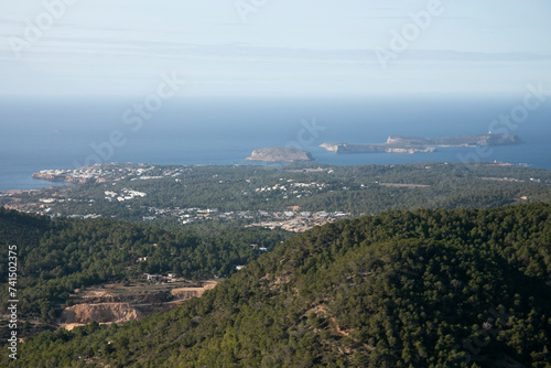 Views of the Cala Comte area on the west coast of Ibiza from the Sa Talaya mountain in Sant Jose.