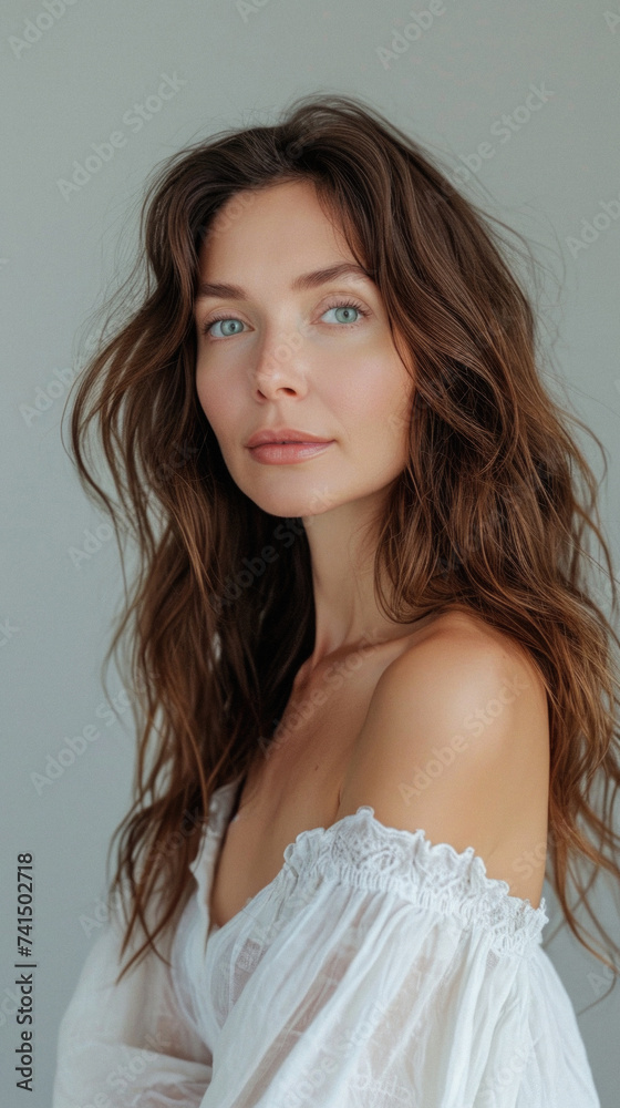 Happy attractive confident young adult or mid aged European woman posing for beauty aesthetic portrait. Beautiful lady smiling on background, attractive female model looking at camera. Close up face .