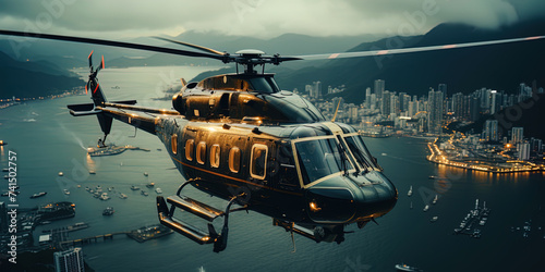 A helicopter located on the roof of a tall building, like a gate to new horizons, where the sky photo