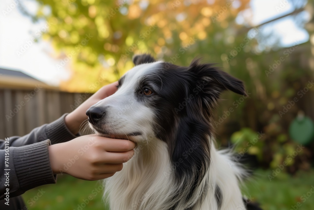 fingers gently brushing a border collies fur in a backyard