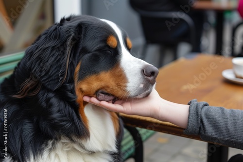 casual hand petting a bernese mountain dog at a cafe