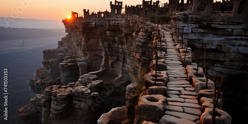 A wooden bridge towering above the abyss between the two cliffs, like a bridge to new adventure