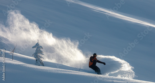 Freeride powder, snowboarding in Canada resort in winter. Fresh powder freeride.