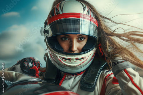 Woman motor racer with flowing hair, gripping her racing helmet, dressed in her gear, photo