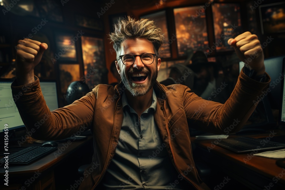 businessman sitting at his desk with his hands up in the air celebrating