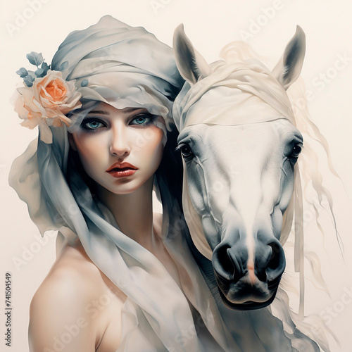 A young woman in medieval dress and a white horse. Digital watercolor illustration photo