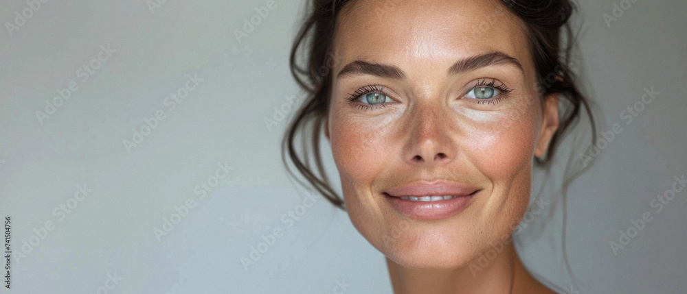 Happy attractive confident European woman of middle age posing for beauty portrait. Beautiful mid aged mature lady smiling on background, attractive female model looking at camera. Close up face . - obrazy, fototapety, plakaty 