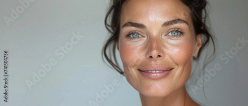 Happy attractive confident European woman of middle age posing for beauty portrait. Beautiful mid aged mature lady smiling on background, attractive female model looking at camera. Close up face . photo