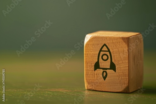 Wooden block with rocket printed on it, startup and business concept, green background.