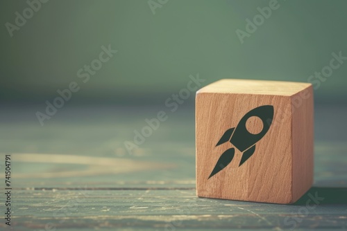 Wooden block with rocket printed on it, startup and business concept, green background.