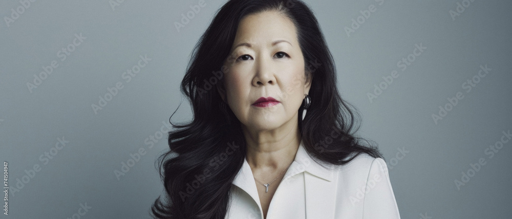 Beautiful confident older senior Asian woman of old age posing for portrait. Mature adult lady model from Asia looking at camera smiling on background advertising anti age skin care. Close up face . Beautiful confident older senior Asian woman of old age posing for portrait. Mature adult lady model from Asia looking at camera smiling on background advertising anti age skin care. Close up face .