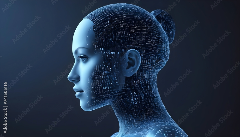 Obraz premium Beautiful Ai robot woman model face, looking at side with blue ambient background, created with digital codes