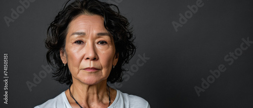 Beautiful confident  older senior Asian woman of old age posing for portrait. Mature adult lady model from Asia looking at camera smiling on background advertising anti age skin care. Close up face . photo