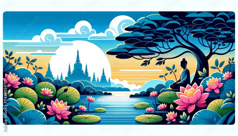 Tranquil Vesak Temple Sunrise Illustration Tranquil Vesak Temple Sunrise Illustration