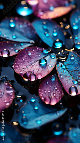 Water drops on a dark blue background. © Darcraft