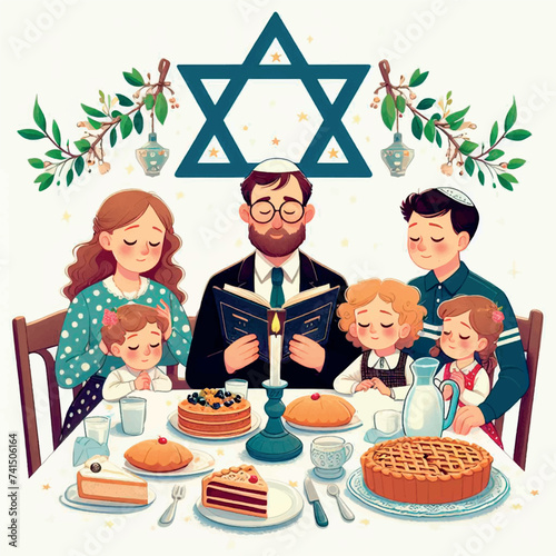 Jewish Family at Festive Table for Shavuot with Father Reading Prayer and Star of David Decoration