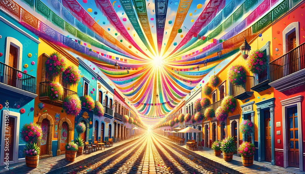 Illustrate a vibrant view looking down a charming street in a Oaxaca town, filled with rich and vivid colors. The scene should feature a colorful canopy of streamers - obrazy, fototapety, plakaty 
