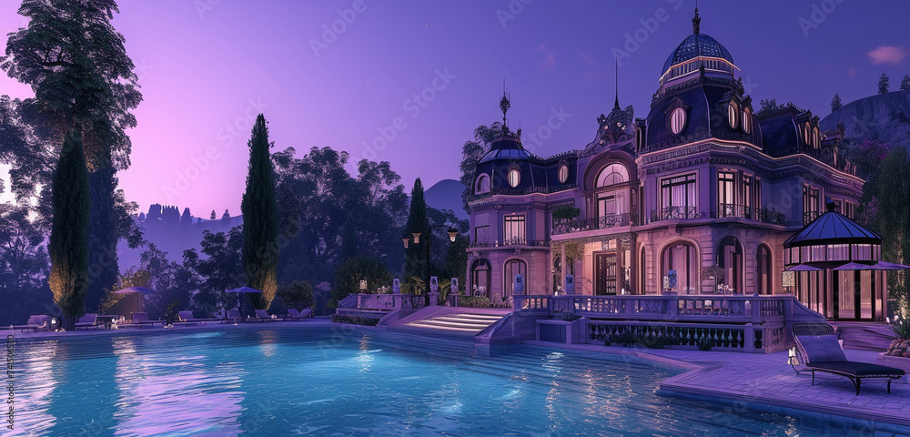 A Victorian-style house with intricate details, near a pool with an acrylic roof, in a dusky purple twilight background