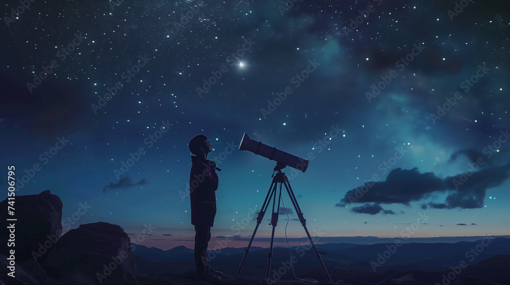 Stargazer's Quest: Lone Astronomer Contemplating the Cosmos Through a Telescope Against a Starry Night Sky Stargazer's Quest: Lone Astronomer Contemplating the Cosmos Through a Telescope Against a Starry Night Sky