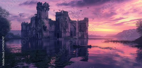 An ancient stone palace surrounded by a serene lake, with a pink and purple twilight sky