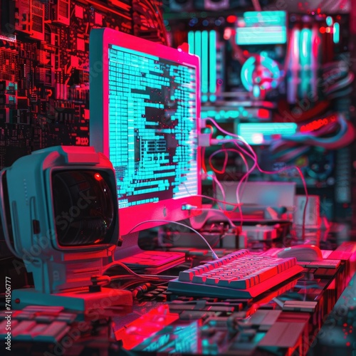 Behind your computer lies a neon fluorescent world where 3D anaglyph and glitch art blend seamlessly