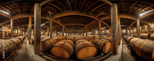 Panoramic view of a rustic cellar filled with aging bourbon and scotch barrels, emphasizing rich, earthy tones and the sense of tradition in the aging photo