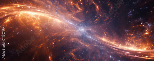 Luminous bands of light twisting toward the gravitational singularity among interstellar dust clouds and cosmic occurrences.