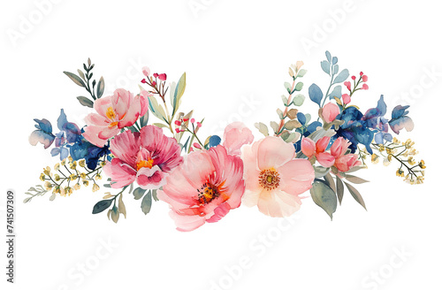 Watercolor flowers crown isolated on white. Spring floral wreath