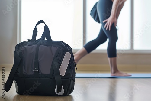 sports bag on the floor beside someone stretching in a yoga studio