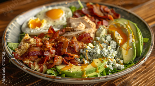 Chicken Cobb salad with blue cheese, bacon, eggs.