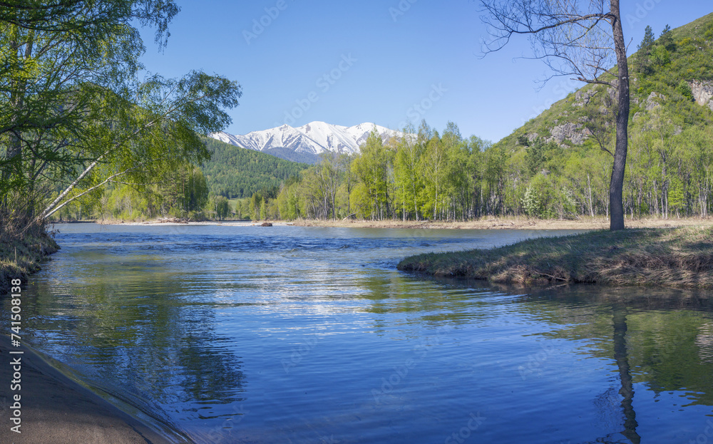 View of spring nature, calm river flow and green trees View of spring nature, calm river flow and green trees