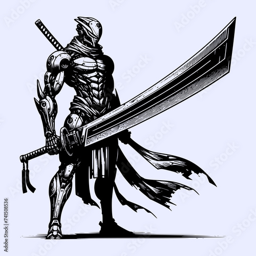 shinobi warrior futuristic humanoid robot with sword in hand vector illustration