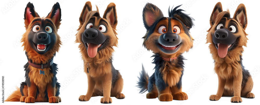 German shepherd dog 3d cartoon collection isolated on transparent background