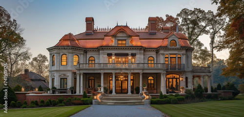 Grand 1920s colonial revival manor with a copper roof and intricate brickwork, background color antique white photo