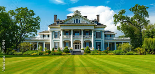 Grand colonial revival mansion from the 1920s with elaborate cornices and a spacious front lawn, background color sky blue