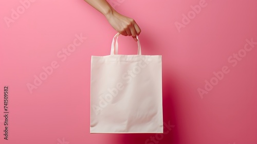 Eco-Conscious Shopper: Woman Holding Cotton Tote Bag Mockup, Pink Gackground