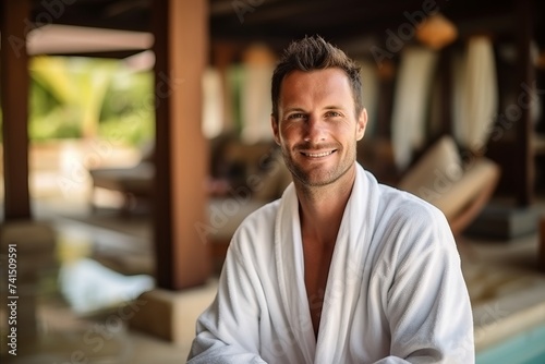 Portrait of a handsome man in bathrobe relaxing at spa resort