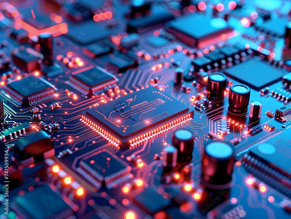 Electronic Circuit Board with Glowing Lights in Ultra High Definition
