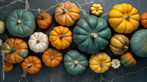 A group of pumpkins on a teal color stone