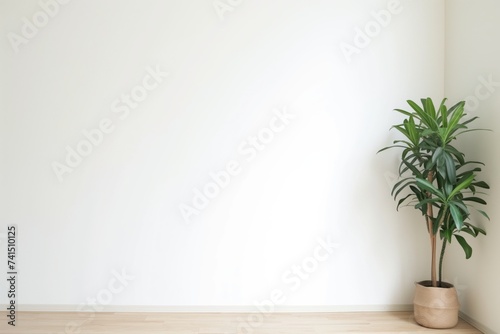 quiet room corner with a plant, simple wall behind for copy