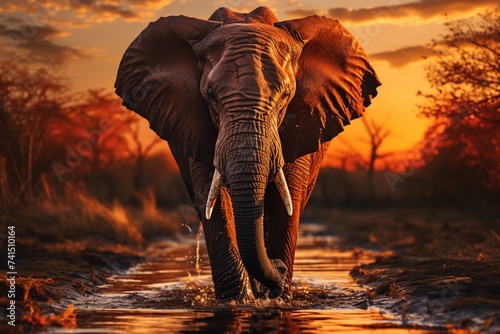 An elegant elephant gracefully traverses its natural habitat, moving freely against the backdrop of a breathtaking sunset © Dejan