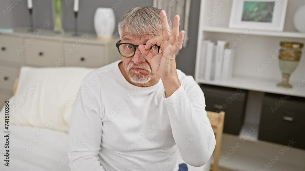Shocked middle age, grey-haired man in pyjamas, makes ok gesture while looking through fingers with surprise on his face, in bedroom Shocked middle age, grey-haired man in pyjamas, makes ok gesture while looking through fingers with surprise on his face, in bedroom