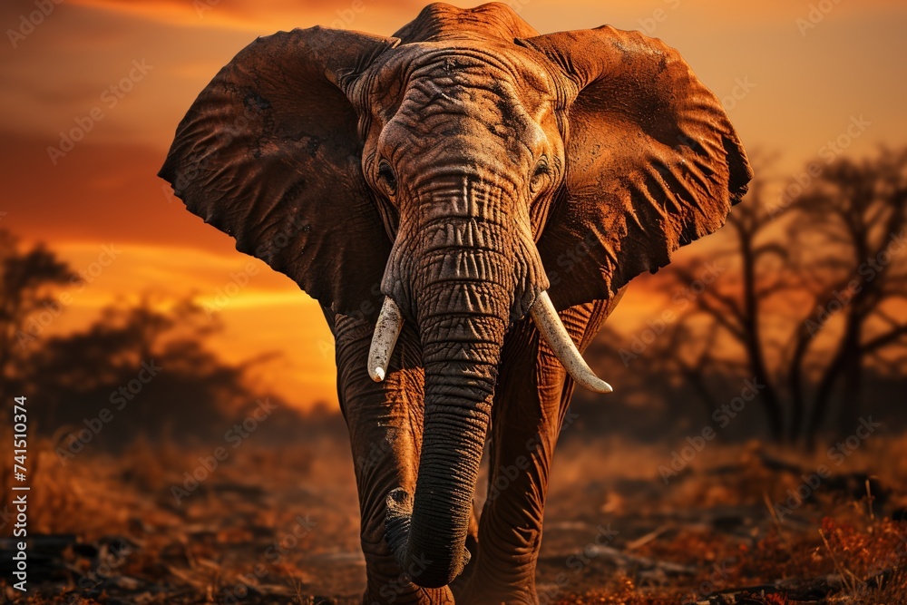 Fototapeta premium A majestic elephant strolls through its natural habitat as the sun sets, creating a picturesque scene of peace and harmony